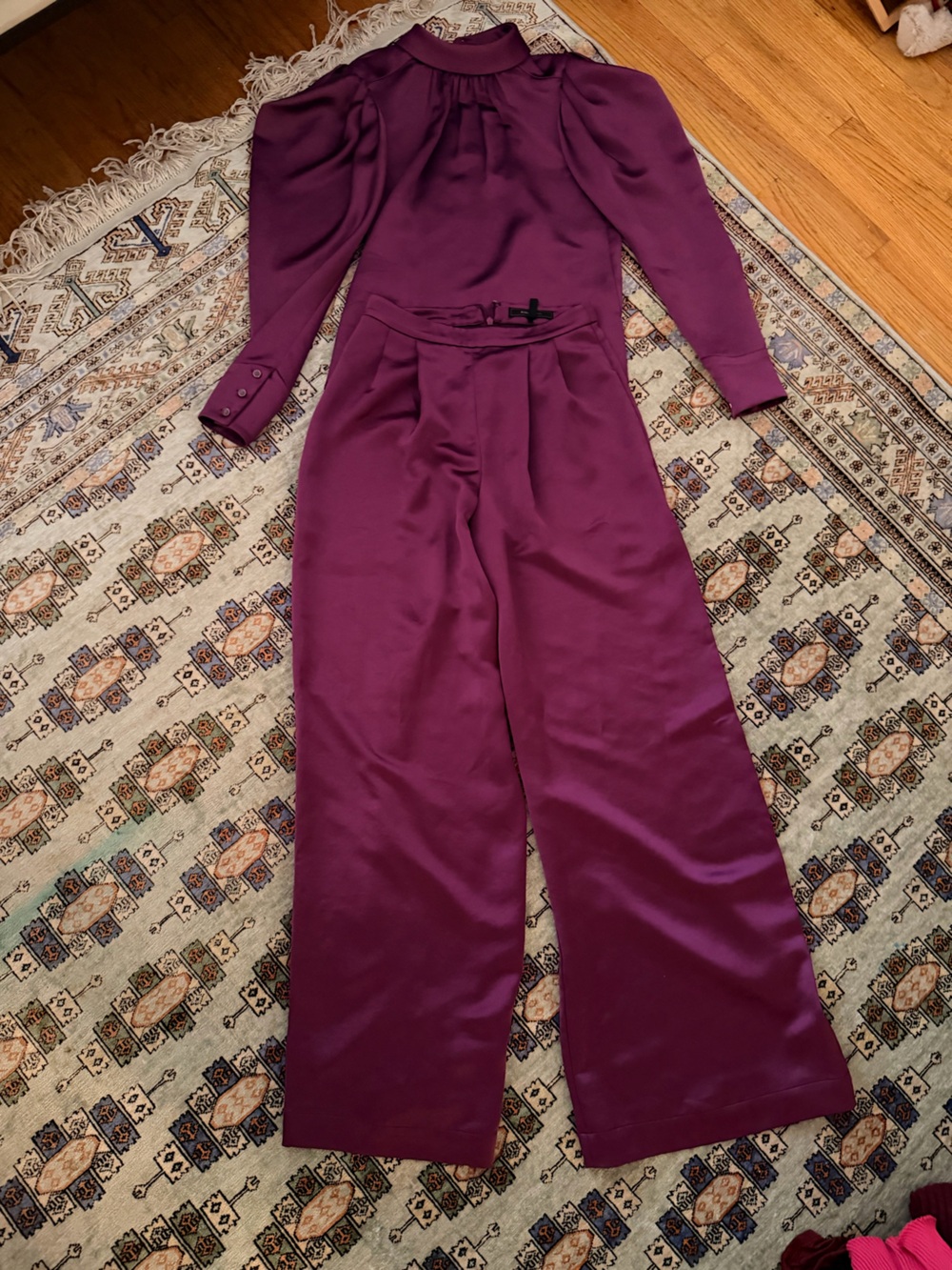 BCBGMaxAzria High-Waist Wide-Leg Trousers & Blouse in Plum